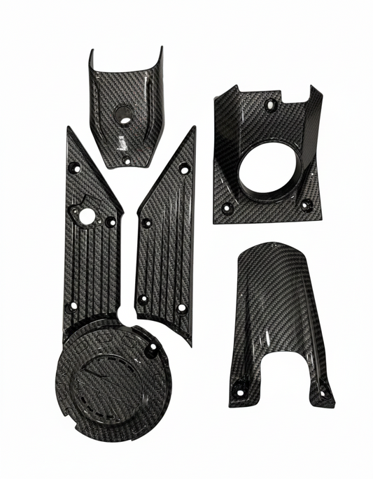 Set of talaria x3 carbon fiber plastics top view Talaria X3 carbon plastics kit — full set of hydrodipped carbon body panels, not a wrap