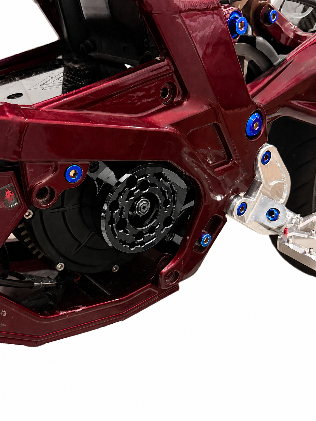 Midnight black ExW Pro Style metal motor cover for Surron LBX, CNC 6061 aluminum installed on bike